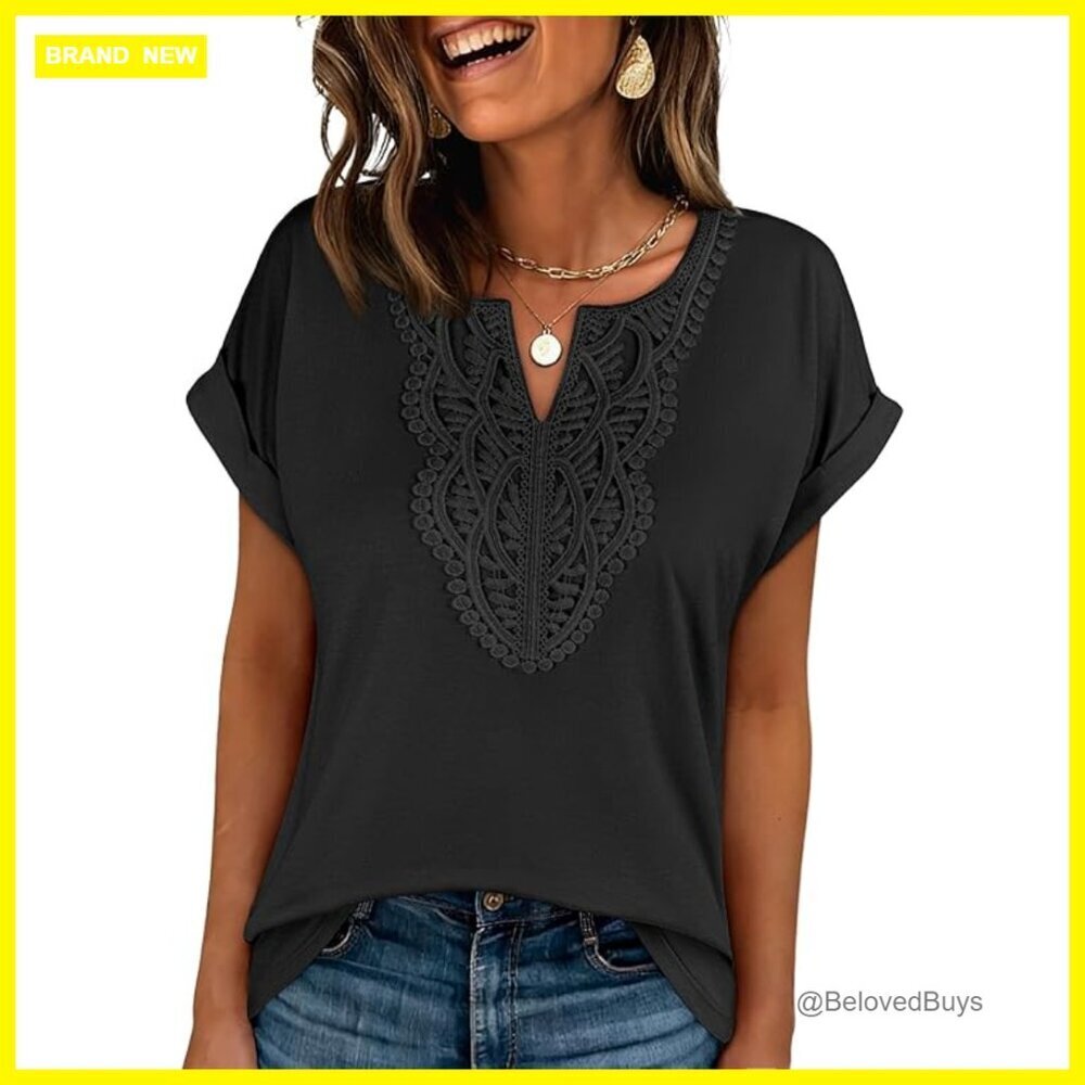 Short Sleeve V-Neck Lace Tunic Top Loose Fit Boho Blouse
